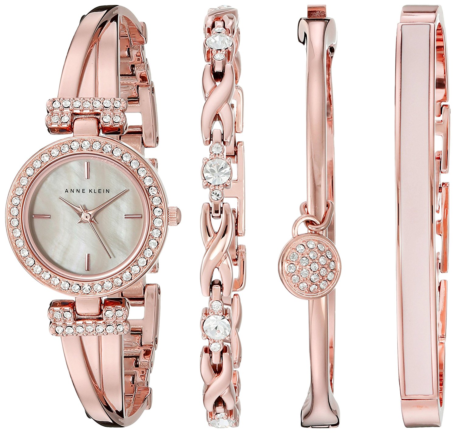 women's watches, anne klein, Anne Klein Rose Goldtone Crystal Bangle & Watch Set