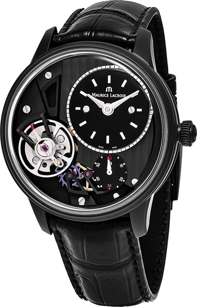 Maurice Lacroix Masterpiece Gravity, Astounding Watch Design, Unique Watch, Attractive Watch, Black Watch, Leather Watch