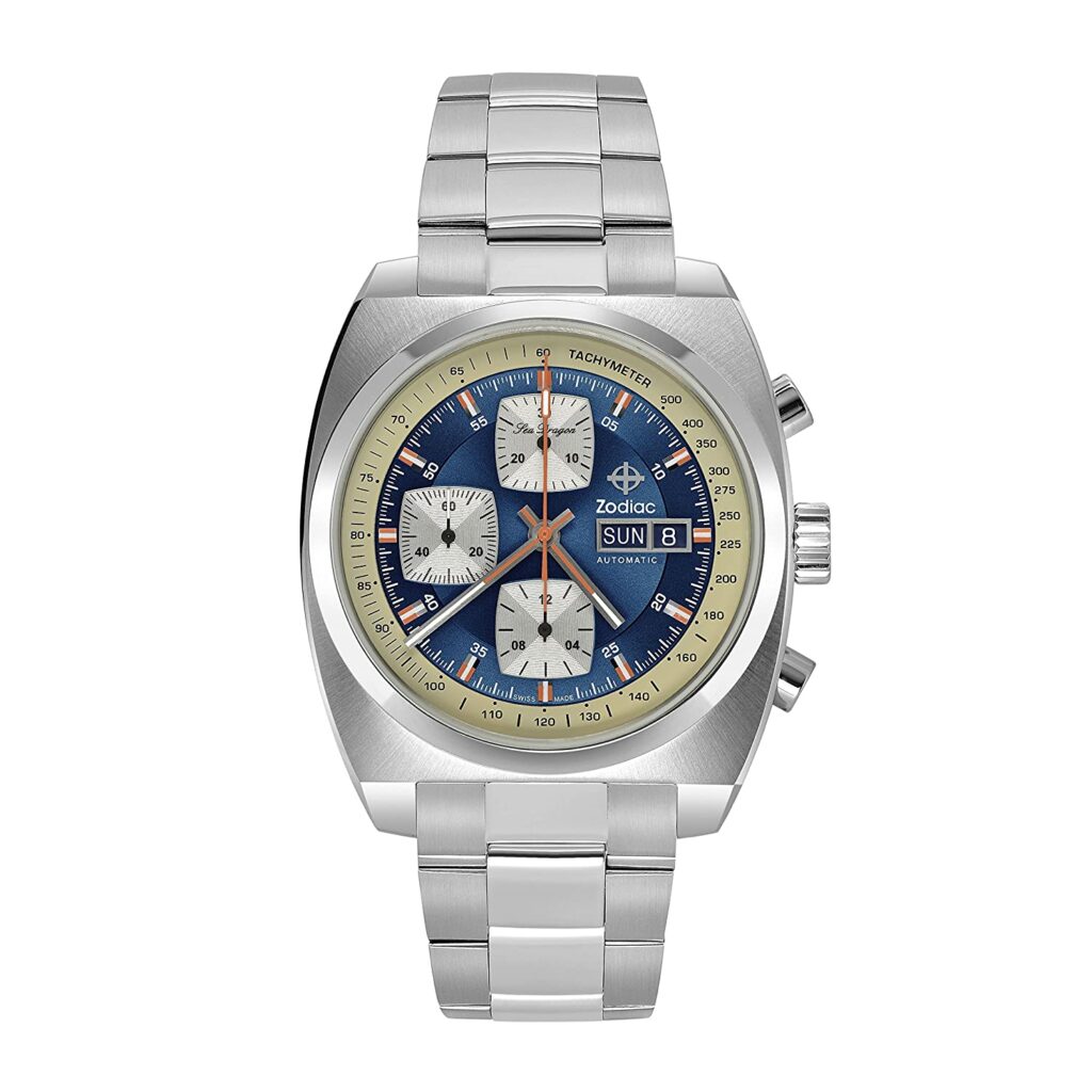 Zodiac Sea Dragon Chronograph, Distinctive Watch Design, Silver Watch, Steel Watch Coating, Tachymetre Feature