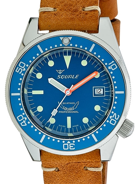 Squale 50 Atmos brown leather blue dial