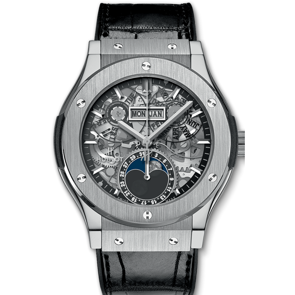 Hublot Classic Fusion Aerofusion Moonphase Skeleton, Silver Watch, Leather Watch, Skeleton Watch