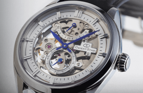 Front view of the Orient Star Classic Skeleton Dial. 